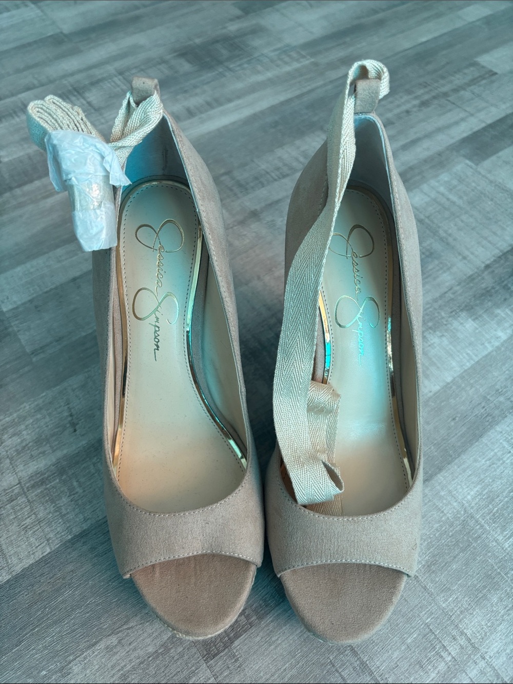Brand new Jessica Simpson Beige Open-Toe Wedge Sandals with Ankle Wrap